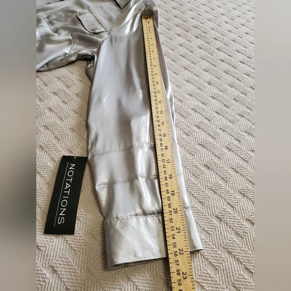 Y2K Notations Metallic Silver Shimmer Button-Front Blouse with Roll-Tab Sleeves - Picture 9 of 15